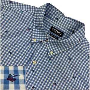 Chaps Fly Fishing Shirt Men XXL Blue Gingham Button Down Short Sleeve